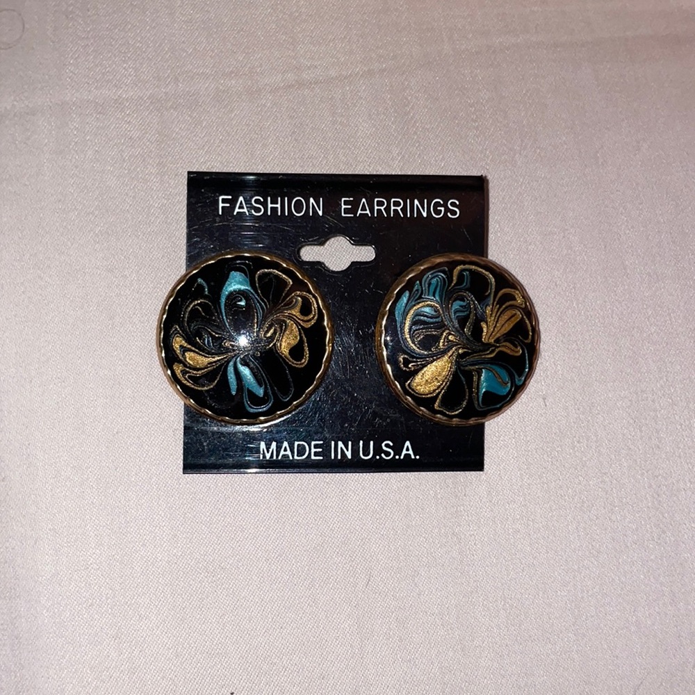 Antique 1960s style enamel black, blue, and gold earrings BOGO